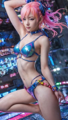 1girl,solo,long hair,breasts,looking at viewer,smile,bangs,blue eyes,hair ornament,navel,cleavage,jewelry,medium breasts,standing,swimsuit,ponytail,pink hair,bikini,small breasts,choker,blurry,arm up,collar,bracelet,lips,blurry background,blue bikini,arm behind head,realistic,headgear,watermark,leg up,standing on one leg,web address,cyberpunk