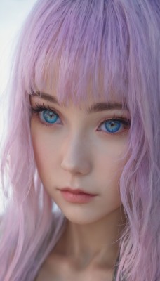 1girl,solo,long hair,looking at viewer,bangs,blue eyes,simple background,white background,closed mouth,collarbone,pink hair,lips,eyelashes,portrait,close-up,freckles,realistic,nose,purple hair,expressionless