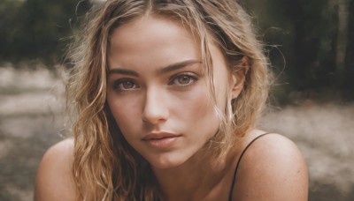 1girl,solo,long hair,looking at viewer,blonde hair,brown hair,bare shoulders,brown eyes,closed mouth,blurry,lips,grey eyes,blurry background,messy hair,portrait,forehead,realistic,nose,parted lips,mole,eyelashes,depth of field,close-up