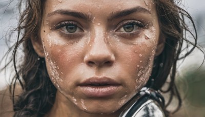 1girl,solo,long hair,looking at viewer,brown hair,brown eyes,closed mouth,water,mole,blurry,lips,wet,eyelashes,mole under eye,headphones,messy hair,portrait,close-up,freckles,realistic,nose,wet hair,headphones around neck,sweat,parted lips,water drop