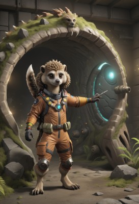 solo,gloves,1boy,brown eyes,standing,tail,full body,male focus,belt,indoors,no humans,grass,robot,pointing,furry,science fiction,rock,furry male,spacesuit,lion,open mouth,teeth,animal,leaf,fangs,monster