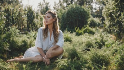 1girl,solo,long hair,brown hair,1boy,brown eyes,jewelry,sitting,closed mouth,full body,male focus,outdoors,barefoot,day,artist name,signature,blurry,lips,watermark,ring,grass,plant,nature,forest,robe,realistic,dress,flower,short sleeves,parted lips,white dress,wavy hair,looking away,sunlight,looking up,nose,on ground