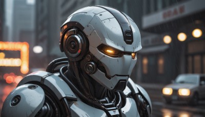 solo,1boy,upper body,male focus,armor,blurry,orange eyes,blurry background,glowing,helmet,robot,ground vehicle,portrait,mecha,glowing eyes,motor vehicle,science fiction,rain,city,car,looking ahead,power armor,lights,cyberpunk,humanoid robot,outdoors,from side,no humans,night,close-up,cable