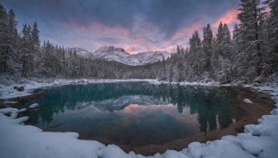 outdoors,sky,cloud,water,tree,no humans,cloudy sky,nature,scenery,snow,forest,reflection,sunset,mountain,winter,bare tree,river,landscape,lake,pine tree,ice,evening,mountainous horizon,reflective water