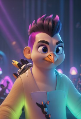 solo,smile,short hair,blue eyes,brown hair,1boy,closed mouth,upper body,pink hair,male focus,multicolored hair,solo focus,artist name,blurry,black eyes,hoodie,blurry background,bird,spiked hair,child,male child,undercut,mohawk,1girl,two-tone hair,night,beak