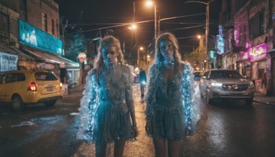 1girl,long hair,looking at viewer,blue eyes,multiple girls,skirt,blonde hair,shirt,long sleeves,hat,dress,2girls,jewelry,standing,earrings,outdoors,dark skin,necklace,bracelet,dark-skinned female,night,blue dress,glowing,ground vehicle,building,scenery,motor vehicle,reflection,lantern,city,sign,realistic,car,road,lamp,lamppost,street,crosswalk,breasts,cleavage,water,wet,night sky,rain,dark,city lights,lights,neon lights