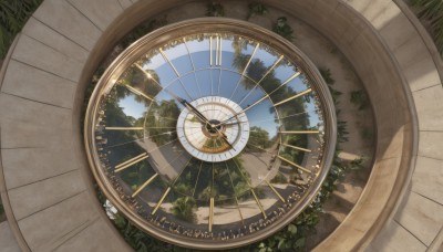 outdoors,sky,day,cloud,tree,blue sky,no humans,shadow,from above,sunlight,grass,plant,nature,scenery,shade,forest,clock,bush,gears,tower,roman numeral