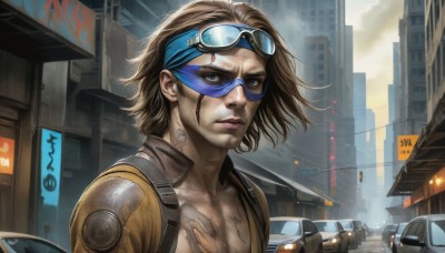 HQ,solo,looking at viewer,brown hair,1boy,brown eyes,jacket,upper body,male focus,outdoors,open clothes,signature,lips,tattoo,scar,goggles,ground vehicle,building,motor vehicle,goggles on head,city,realistic,nose,car,cityscape,cyberpunk,1girl,short hair,blue eyes,sky,day,cloud,mask,wind,portrait,serious,sign,road,bus