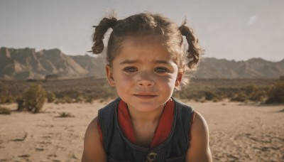 1girl,solo,looking at viewer,short hair,blue eyes,brown hair,twintails,closed mouth,upper body,outdoors,sky,sleeveless,day,blurry,grey eyes,blurry background,short twintails,child,portrait,mountain,realistic,female child,mountainous horizon,black hair,lips,parody,dirty