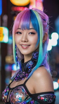 1girl,solo,long hair,breasts,looking at viewer,smile,bangs,cleavage,bare shoulders,jewelry,medium breasts,blue hair,upper body,pink hair,purple hair,multicolored hair,earrings,teeth,grin,blurry,black eyes,two-tone hair,lips,streaked hair,clothing cutout,gradient hair,makeup,depth of field,blurry background,cleavage cutout,realistic,cyberpunk,rainbow hair,brown eyes,green hair,blunt bangs,collar,from side,aqua hair,bokeh