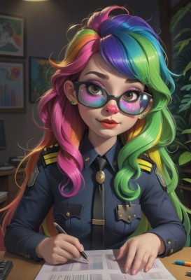 1girl,solo,long hair,breasts,looking at viewer,smile,blonde hair,shirt,long sleeves,holding,brown eyes,jewelry,medium breasts,blue hair,upper body,pink hair,purple hair,multicolored hair,earrings,green hair,necktie,glasses,collared shirt,artist name,indoors,nail polish,uniform,two-tone hair,lips,fingernails,book,eyelashes,makeup,watermark,sunglasses,plant,lipstick,black necktie,web address,pink nails,eyeshadow,personification,long fingernails,pocket,paper,pink lips,nose,pen,stud earrings,potted plant,breast pocket,pencil,badge,police,police uniform,policewoman,mascara,looking over eyewear,patch,rainbow hair,bangs,sitting,closed mouth,weapon,streaked hair,gun,gradient hair,swept bangs,blue shirt,handgun,freckles,black-framed eyewear,red lips,lamp