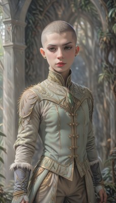 1girl,solo,looking at viewer,short hair,long sleeves,brown eyes,jewelry,closed mouth,standing,cowboy shot,earrings,outdoors,pants,armor,blurry,lips,grey eyes,fur trim,makeup,blurry background,plant,shoulder armor,gem,freckles,gold trim,realistic,arms at sides,red lips,bald,very short hair,brown pants,pillar,buzz cut,breasts,shirt,white hair,piercing,sunlight,lipstick,ear piercing