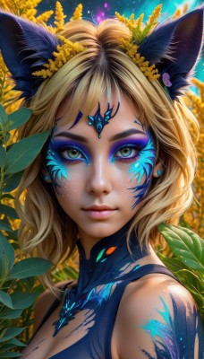 1girl,solo,breasts,looking at viewer,short hair,blonde hair,hair ornament,animal ears,cleavage,bare shoulders,jewelry,medium breasts,closed mouth,green eyes,yellow eyes,upper body,flower,earrings,artist name,cat ears,hair flower,medium hair,lips,eyelashes,tattoo,makeup,leaf,watermark,facial mark,plant,lipstick,portrait,web address,eyeshadow,freckles,pink lips,nose,stud earrings,eyeliner,mascara,long hair,necklace,fox ears,facepaint