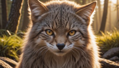 solo,looking at viewer,closed mouth,yellow eyes,outdoors,day,blurry,tree,no humans,depth of field,blurry background,animal,cat,grass,plant,slit pupils,portrait,nature,close-up,forest,colored sclera,realistic,animal focus,whiskers,signature,sunlight