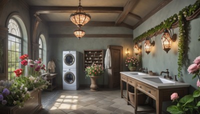 flower,day,indoors,no humans,window,chair,table,sunlight,plant,curtains,scenery,pink flower,lantern,wooden floor,mirror,door,purple flower,tiles,potted plant,lamp,shelf,vase,flower pot,sink,candlestand,watering can,faucet,cabinet,rose,towel,red flower,light,candle,chandelier,washing machine