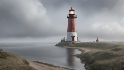 solo,outdoors,sky,day,cloud,water,from behind,tree,no humans,cloudy sky,grass,building,scenery,reflection,bridge,river,castle,tower,landscape,lake,fog,grey sky,1girl,ocean,horizon,house,lighthouse,very wide shot