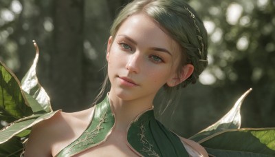 1girl,solo,long hair,looking at viewer,hair ornament,dress,bare shoulders,closed mouth,green eyes,upper body,braid,green hair,wings,blurry,lips,blurry background,leaf,portrait,freckles,green dress,realistic,fairy wings,fairy,short hair,outdoors,parted lips,looking to the side,eyelashes,depth of field,sunlight,nature,nose,dappled sunlight,green theme,mole on cheek