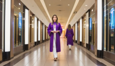 long hair,looking at viewer,smile,multiple girls,brown hair,black hair,long sleeves,2girls,brown eyes,jewelry,standing,earrings,japanese clothes,pants,indoors,coat,window,sandals,reflection,walking,robe,white pants,tiles,tile floor,hallway,reflective floor,kimono