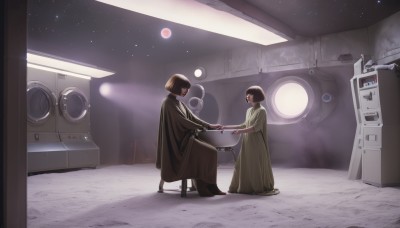 1girl,short hair,multiple girls,brown hair,black hair,1boy,dress,2girls,sitting,standing,closed eyes,from side,profile,bandages,star (sky),science fiction,green dress,robe,space,planet,prosthesis,wheelchair,bangs,long sleeves,sky,indoors,cape,looking at another,night,holding hands,moon,night sky,cloak,full moon,starry sky