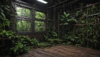 outdoors,day,indoors,tree,no humans,window,leaf,sunlight,plant,nature,scenery,wooden floor,moss,overgrown,ruins,broken window