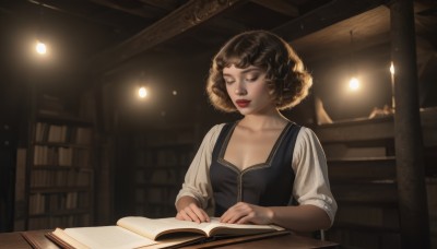 1girl,solo,breasts,short hair,brown hair,shirt,black hair,cleavage,sitting,collarbone,closed eyes,white shirt,upper body,small breasts,parted lips,indoors,vest,lips,book,eyelashes,makeup,chair,table,lipstick,curly hair,open book,bookshelf,red lips,reading,lamp,candle,library,candlelight,smile,dress,brown eyes,looking down,sunlight,light