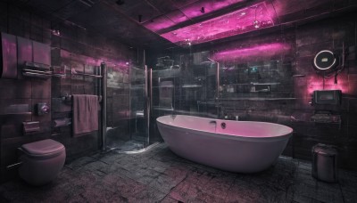 indoors,no humans,window,night,scenery,reflection,tiles,tile floor,bathroom,stool,tile wall,sink,neon lights,water,science fiction,bathtub