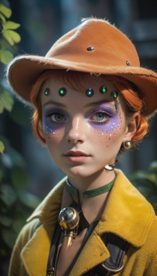 1girl,solo,looking at viewer,short hair,hat,jewelry,closed mouth,jacket,upper body,earrings,choker,artist name,orange hair,mole,blurry,lips,grey eyes,eyelashes,makeup,blurry background,leaf,watermark,lipstick,portrait,web address,eyeshadow,freckles,realistic,nose,blue eyes,shirt,green eyes,parted lips,necktie,hair bun,black necktie,eyeliner,extra eyes,mascara