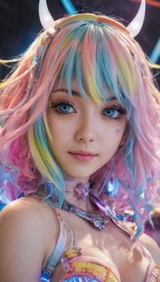 1girl,solo,long hair,breasts,looking at viewer,smile,bangs,blue eyes,blonde hair,cleavage,bare shoulders,jewelry,medium breasts,closed mouth,blue hair,upper body,pink hair,multicolored hair,hairband,horns,choker,necklace,two-tone hair,lips,eyelashes,aqua hair,gradient hair,makeup,gem,portrait,eyeshadow,pink lips,realistic,nose,fake horns,mascara,short hair,underwear,swimsuit,bikini,earrings,green hair,artist name,star (symbol),bra,streaked hair,looking to the side,tattoo,watermark,facial mark,light smile,lipstick,web address,multicolored clothes,close-up,pendant,crystal,eyeliner