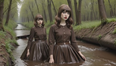 long hair,breasts,looking at viewer,bangs,blue eyes,multiple girls,skirt,brown hair,shirt,long sleeves,2girls,closed mouth,standing,pleated skirt,outdoors,day,black skirt,medium hair,water,tree,lips,black shirt,makeup,buttons,lipstick,nature,wading,forest,brown skirt,realistic,red lips,brown shirt,black hair,dress,parted lips,hood,black dress,scenery,skirt hold,arms at sides,brown dress,river