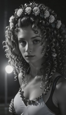 1girl,solo,long hair,breasts,looking at viewer,hair ornament,cleavage,jewelry,medium breasts,underwear,collarbone,monochrome,upper body,flower,greyscale,small breasts,parted lips,hair flower,dark skin,necklace,bra,dark-skinned female,lips,eyelashes,tattoo,wavy hair,tank top,curly hair,realistic,nose,head wreath,large breasts,earrings,covered nipples,fingernails,night,watermark