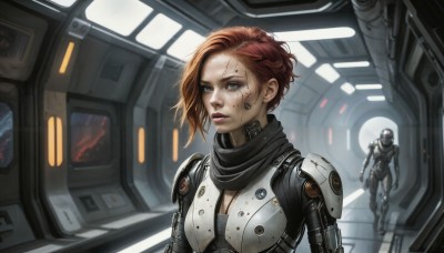 HQ,1girl,breasts,short hair,blue eyes,brown hair,cleavage,medium breasts,upper body,red hair,solo focus,indoors,scarf,orange hair,armor,lips,bodysuit,blood,makeup,scar,robot,scar on face,science fiction,blood on face,realistic,nose,scar across eye,cyborg,power armor,spacesuit,looking at viewer,green eyes,parted lips,glowing,facial mark,mecha,glowing eyes,1other,serious,black scarf,dirty,cyberpunk