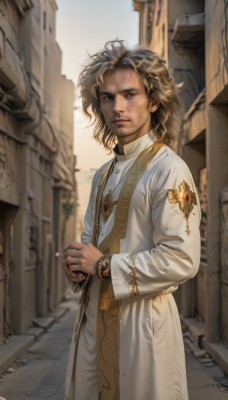 solo,looking at viewer,blonde hair,brown hair,long sleeves,1boy,brown eyes,jewelry,closed mouth,standing,male focus,cowboy shot,outdoors,day,medium hair,necklace,blurry,bracelet,lips,depth of field,blurry background,facial hair,ring,own hands together,cross,building,robe,realistic,white robe,priest,blue eyes,watermark,beard,city,road,street,alley