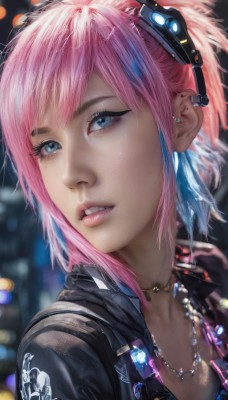 1girl,solo,looking at viewer,short hair,bangs,blue eyes,hair ornament,jewelry,blue hair,jacket,pink hair,multicolored hair,earrings,parted lips,teeth,necklace,blurry,two-tone hair,lips,black jacket,eyelashes,blurry background,headgear,piercing,ear piercing,portrait,realistic,nose,leather,leather jacket,upper body,makeup,depth of field,feathers,close-up,mascara,lip biting,eyebrow piercing