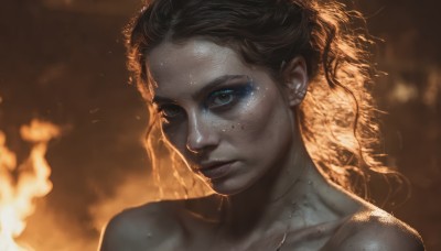 1girl,solo,long hair,looking at viewer,brown hair,black hair,bare shoulders,closed mouth,collarbone,upper body,nude,parted lips,artist name,blurry,lips,grey eyes,makeup,colored skin,watermark,fire,portrait,eyeshadow,freckles,curly hair,realistic,nose,grey skin,blue eyes,sweat,mole,eyelashes,blurry background,dirty