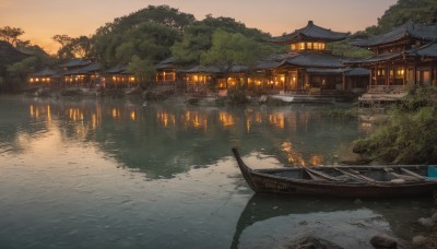 outdoors,sky,water,tree,no humans,building,nature,scenery,reflection,sunset,lantern,mountain,watercraft,architecture,house,bridge,east asian architecture,river,evening,boat,rock,reflective water