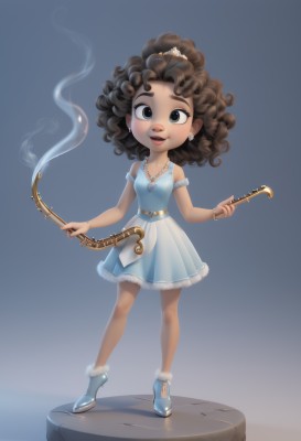 1girl,solo,looking at viewer,smile,open mouth,brown hair,black hair,dress,bare shoulders,brown eyes,jewelry,standing,full body,earrings,boots,belt,dark skin,necklace,black eyes,bracelet,dark-skinned female,lips,fur trim,blue dress,tiara,instrument,child,smoke,curly hair,blue footwear,faux figurine,long hair,simple background,hair ornament,chibi,blue background