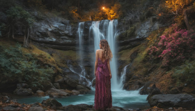 1girl, solo, long hair, brown hair, dress, bare shoulders, outdoors, water, from behind, tree, nature, scenery, forest, waterfall