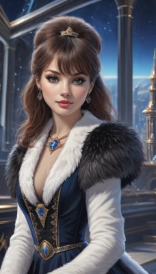 1girl,solo,long hair,breasts,looking at viewer,smile,bangs,brown hair,long sleeves,dress,cleavage,brown eyes,jewelry,medium breasts,upper body,ponytail,earrings,parted lips,sky,indoors,necklace,lips,grey eyes,fur trim,window,makeup,night,blue dress,tiara,lipstick,gem,star (sky),night sky,stairs,red lips,artist name,eyeshadow,starry sky,realistic