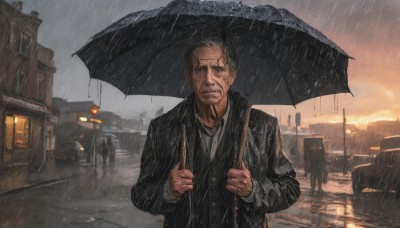 solo,looking at viewer,blue eyes,shirt,long sleeves,1boy,holding,closed mouth,jacket,white shirt,upper body,grey hair,male focus,outdoors,necktie,sky,solo focus,collared shirt,cloud,bag,black jacket,facial hair,umbrella,formal,cloudy sky,suit,ground vehicle,building,black necktie,motor vehicle,beard,rain,holding umbrella,city,car,road,old,lamppost,old man,street,black umbrella,smile,short hair,blurry,black eyes,wet,wing collar,sunset,water drop,realistic,twilight,grey sky,old woman,people