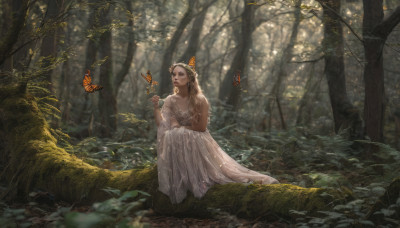 1girl, solo, long hair, blonde hair, dress, jewelry, outdoors, water, white dress, blurry, tree, sunlight, bug, butterfly, nature, forest, realistic