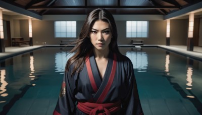 1girl,solo,long hair,looking at viewer,brown hair,black hair,brown eyes,closed mouth,upper body,japanese clothes,kimono,water,lips,sash,reflection,realistic,nose,architecture,east asian architecture,outdoors,obi,boat