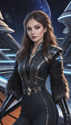 1girl,solo,long hair,breasts,looking at viewer,brown hair,gloves,brown eyes,jewelry,medium breasts,earrings,sky,black gloves,belt,pants,necklace,lips,bodysuit,makeup,night,wavy hair,black pants,moon,lipstick,gauntlets,star (sky),starry sky,science fiction,realistic,black bodysuit,red lips,space,planet,standing,cowboy shot,eyeshadow,nose,earth (planet),spacecraft