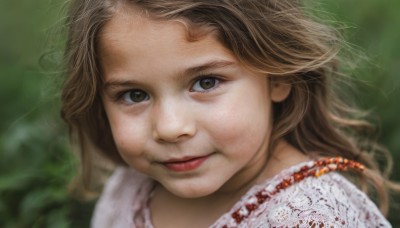 1girl,solo,long hair,looking at viewer,smile,brown hair,shirt,brown eyes,jewelry,closed mouth,necklace,blurry,lips,depth of field,blurry background,portrait,close-up,freckles,realistic,nose,eyelashes,blood,beads,blood on clothes,dirty