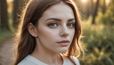 1girl,solo,long hair,looking at viewer,brown hair,shirt,brown eyes,closed mouth,white shirt,outdoors,day,blurry,lips,eyelashes,depth of field,blurry background,thick eyebrows,portrait,close-up,forehead,freckles,realistic,nose,parted lips,sunlight,messy hair,bokeh