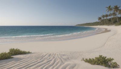 outdoors,sky,day,water,tree,blue sky,no humans,ocean,beach,plant,nature,scenery,sand,palm tree,horizon,bush,waves,shore,cloud