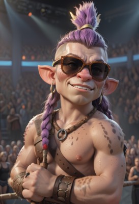 solo,long hair,looking at viewer,smile,1boy,holding,jewelry,nipples,upper body,weapon,purple hair,braid,male focus,earrings,teeth,solo focus,pointy ears,artist name,holding weapon,grin,blurry,twin braids,bracelet,single braid,muscular,blurry background,sunglasses,black nails,freckles,hoop earrings,realistic,bracer,hair pulled back,crowd,collarbone,necklace,lips,tattoo,fangs,piercing,pectorals,muscular male,veins,topless male,hair tie,manly,fat,chest hair,topknot,fat man,mohawk,nose piercing