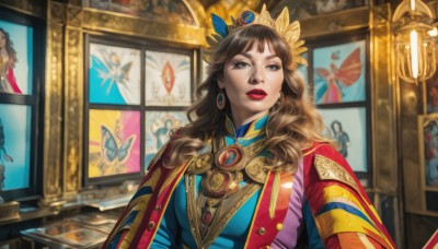 1girl,solo,long hair,looking at viewer,bangs,brown hair,hair ornament,dress,brown eyes,jewelry,upper body,earrings,parted lips,indoors,blurry,lips,makeup,bug,crown,lipstick,gem,butterfly,red lips,picture frame,painting (object),long sleeves,teeth,looking to the side,wavy hair,realistic