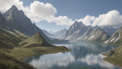 outdoors,sky,day,cloud,water,tree,blue sky,no humans,bird,cloudy sky,grass,nature,scenery,forest,reflection,mountain,river,landscape,mountainous horizon,lake