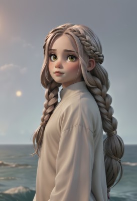 1girl,solo,long hair,looking at viewer,blush,smile,brown hair,shirt,long sleeves,closed mouth,green eyes,yellow eyes,white shirt,upper body,braid,outdoors,sky,day,water,blurry,twin braids,from side,lips,looking to the side,depth of field,blurry background,ocean,beach,forehead,freckles,nose,multiple braids,brown eyes