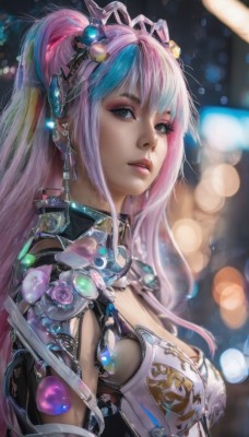 1girl,solo,long hair,breasts,looking at viewer,bangs,blue eyes,large breasts,hair ornament,cleavage,jewelry,medium breasts,blue hair,upper body,ponytail,pink hair,multicolored hair,earrings,armor,blurry,from side,two-tone hair,lips,streaked hair,grey eyes,eyelashes,makeup,depth of field,blurry background,eyeshadow,realistic,nose,bokeh,parted lips,science fiction,eyeliner,cyberpunk